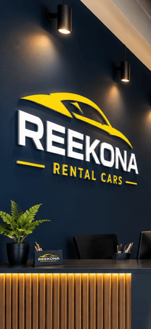 Rendering of the Reekona Rental Cars sign on the navy office wall above the front desk