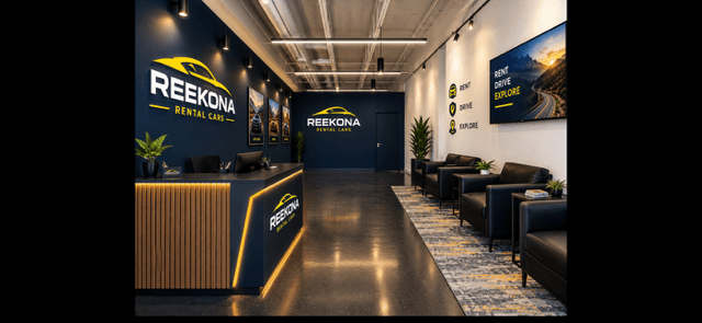 Rendering of the Reekona office lobby with the yellow and navy sign above the front desk